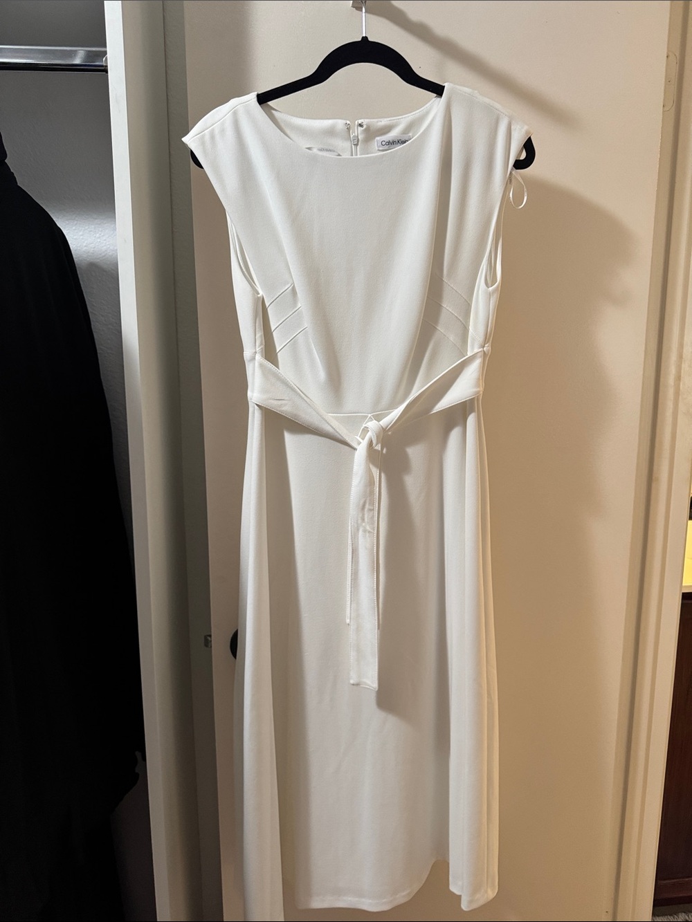 Calvin Klein Cream Midi Tie-Waist Cap Sleeve Dress